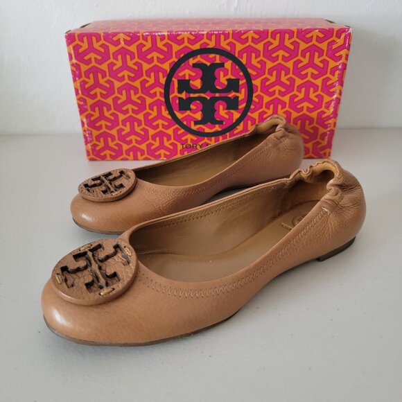 Tory Burch Shoes - Tory Burch Reva Ballet Flats Womens Size 7.5 Leather Camel Brown Logo